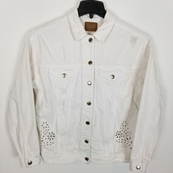 American Eagle White Eyelet Boyfriend Denim Jacket Size XS Button Up - Picture 1 of 5